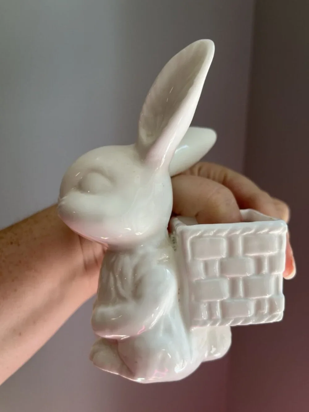 Vintage DEPT 56 White Rabbit Figurine With Basket Ceramic 6